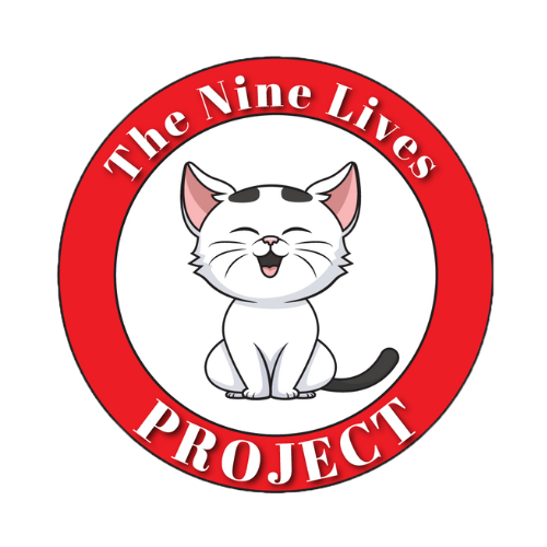 Logo of "The Nine Lives Project" with smiling cat illustration.